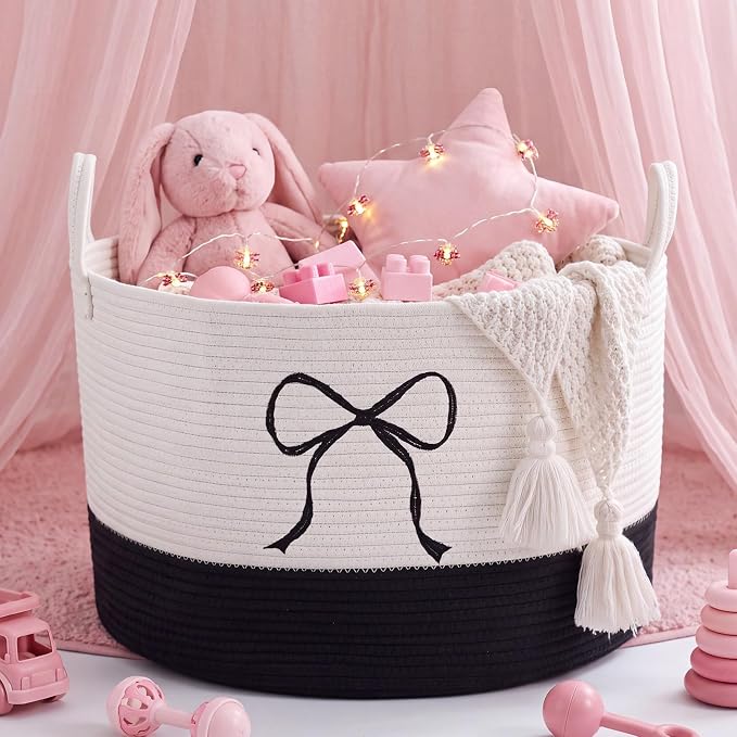 Honeydak Large Blanket Basket Black Bow Laundry Hamper 60l Cotton Rope Storage Bin for Blankets Toys Clothes 13 x 20 Inches Baby Nursery Room Playroom Storage Organization Teens Girls Dorm