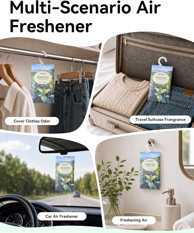 MYARO 12Pcs Green Tea Sachets Hanging Car Air Freshener, Closet Deodorizer | Long-Lasting Sachet Bags, Odor Eliminator for Closet, Drawer, Bathroom, Clothes, Fabric Refresher, Home Fragrance Gift Set