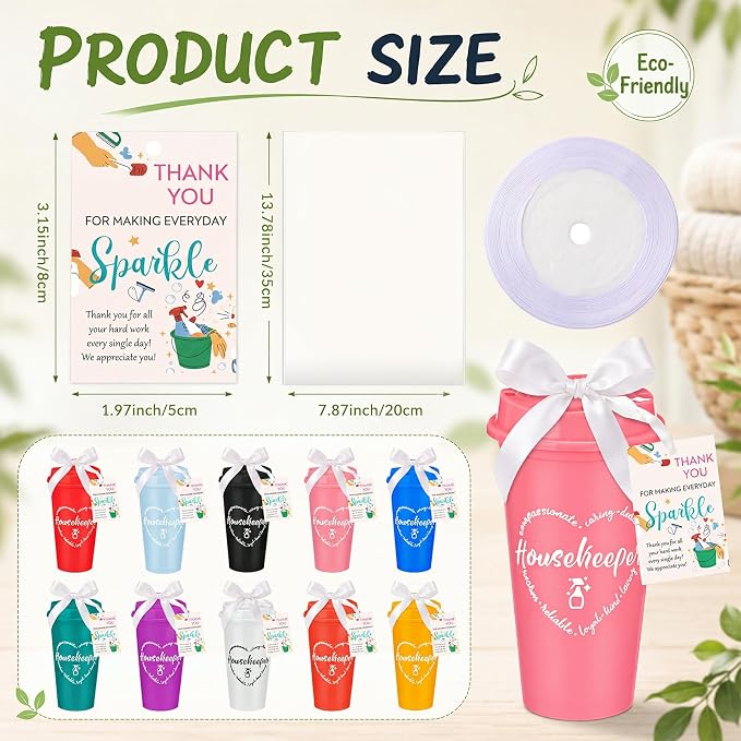 15 Sets Housekeeper Appreciation Gifts Plastic Cups with Lid Card | 10 Colors Portable Plastic Cups with Ribbon, Thank You Gifts for Housekeeping Week, Staff Coworker Team Events Supplies