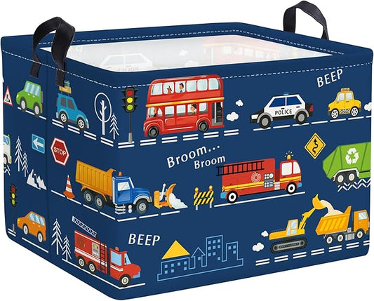 Cars Laundry Hamper Cartoon Vehicle Large Storage Basket Collapsible Parents Organizer Boy Toy Clothes Bins for Bedroom, Bathroom, City Bus, 36L