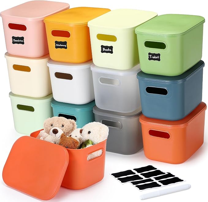 Thyle 12 Pack Classic Color Storage Bins with Lids for Classroom | Stackable with Handles and Labels, Organizer for Toy Craft Classroom Storage, Shelf Bedroom Organizing, 10x7x6 Inch