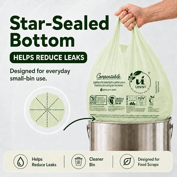 UNNI 2.6 Gallon Compostable Bags with Easy-Tie Handles, 10 Liter, 200 Count | Small Compost Bags for Countertop Bins & Kitchen Food Scraps, 2 Packs of 100, Certified by BPI, CMA & OK compost HOME