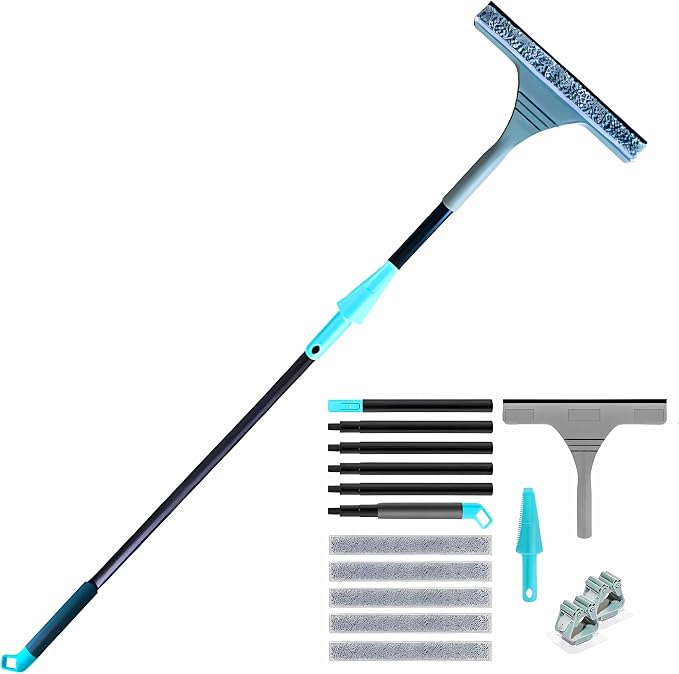 61" Window Squeegee with Long Extension Pole, 2-in-1 Streak-Free Glass Washer & Scrubber Kit with 5 Reusable Microfiber Pads & Clips, Professional Window Cleaning Tool for Home Outdoor High Windows