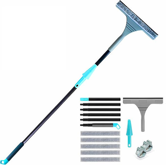 61" Window Squeegee with Long Extension Pole, 2-in-1 Streak-Free Glass Washer & Scrubber Kit with 5 Reusable Microfiber Pads & Clips, Professional Window Cleaning Tool for Home Outdoor High Windows