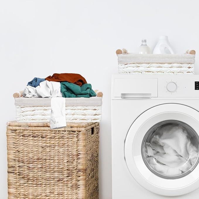 Storage Basket Wicker Baskets for Organizing with Handle Decorative Storage Bins for Countertop Toilet Paper Storage Basket for Toilet Tank Top Small Baskets Set (Set of 2,White)