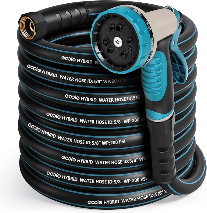 Garden Hose 75 ft x 5/8" with Nozzle, Water Hose Heavy Duty Flexible, Lightweight Kink-less Hybrid Hose with Swivel Handle, Male to Female Fittings