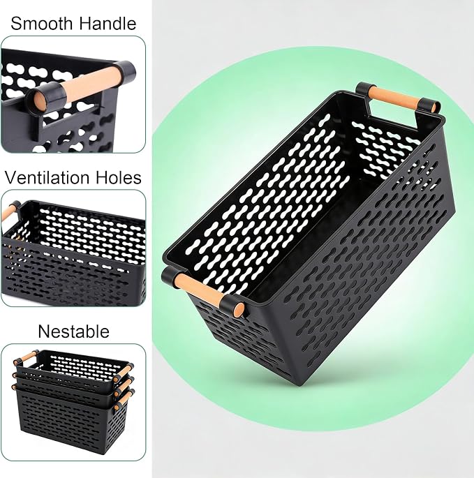 Yesland 6 Pack Plastic Storage Baskets with Handles, Black Organizer Bins 5"W x 10"L x 5"H for Kitchen Pantry Closet Bathroom Office