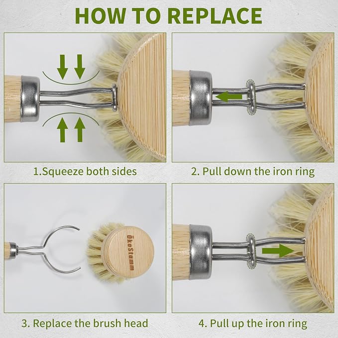 Long Handle Bamboo Dish Brush Set with 4 Replacement Brush Head | No Plastic, Bamboo Handle and Sisal Bristle, Natural Dish Scrubber Brush, Used for Cleaning Dish, Pan, Pot, Fruit and Veggie