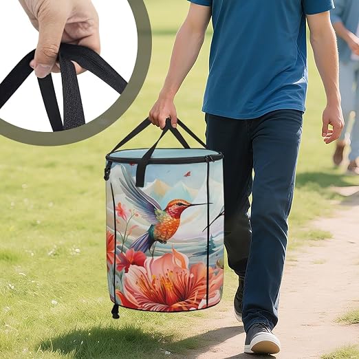 Hummingbird Flower 24 Gal Collapsible Trash Can w/Lid Waterproof Foldable Garbage Bin for Camping, Backyard & Hiking | Heavy Duty Pop-Up Design (23x18in) Car Camping Gear