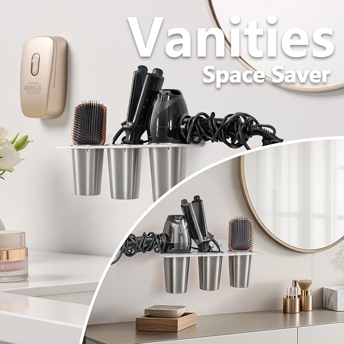 Hair Tool Organizer Wall Mount, Hair Hot tools Holder with 3 Cups | Acrylic Rack with Stainless Steel 3 Cups for Blow Dryer Holder, Hair Styling Holder Flat Iron Holder Curling Iron Organizer
