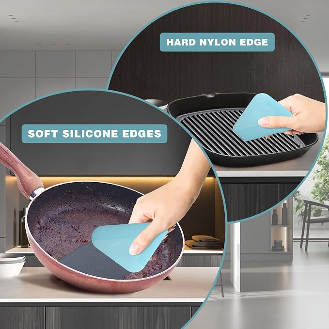 Food Scraper Dish Scraper for Cast Iron Skillets, Cookware, Pans and Pots | Nylon and Silicone, 2-in-1 Kitchen Scraper Tools, Pan Scraper, Heat resistant to 140 ℉, 3 Pack, Blue