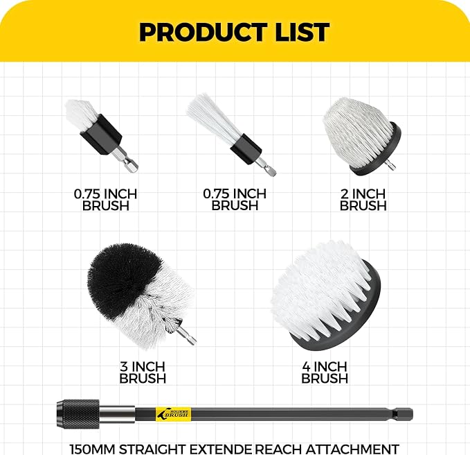 Holikme 7Pack Drill Brush Set with Extension for Car & Home Cleaning | 6 White Nylon Brushes, Power Scrubber Cleaning Kit for Deep Clean, Reaches Corners, Grout, Shower, Carpet, Kitchen