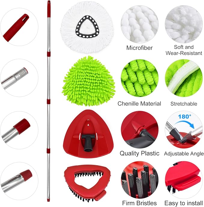 4 Pack Replacement Mop Heads& Handle Scrub Brush and Base Combo Set Compatible with Ocedar Spin Mops Refills，30-58" Mop Handle and Microfiber Head Refills for Cleaning