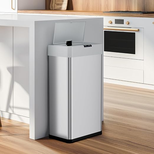 Sensor Trash Can, Touchless Motion Sensor Trash Bin | Smart Automatic Garbage Can with Soft-Close Lid, Bag Retainer Ring and Display Light, for Kitchen, Office (Silver, 16 Gal)