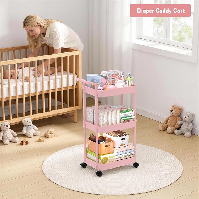 Volnamal Diaper Caddy, 3 Tier Rolling Cart for Baby Essentials, Pink | Movable & Easy Assemble Cart for Newborn Nursery Essentials, Diaper Storage Organizer for Changing Table&Crib, Baby Registry