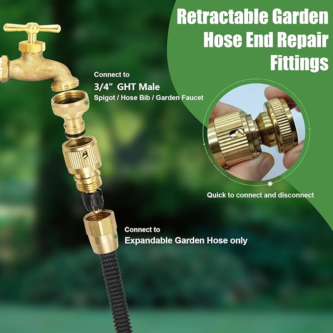Garden Expandable Hose Repair Kit,Flexible Hose Fittings Brass Faucet Hose Adapter Collapsible Garden Hose End Replacement,3/4 Inch GHT Male and Female Quick Connector Water Hose Extender,1 Set