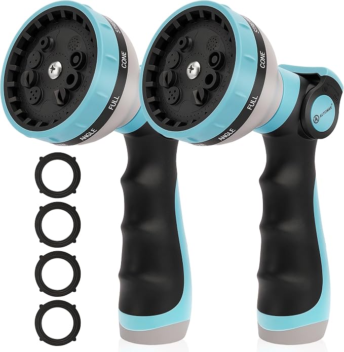 AUTOMAN Garden Hose Nozzle Sprayer - 10 Spray Patterns, 2 Pack Thumb Control Water Hose Nozzle Outdoor, Heavy Duty Spray Nozzles for Watering Garden, Cleaning Window, Washing Car, Showering Pets