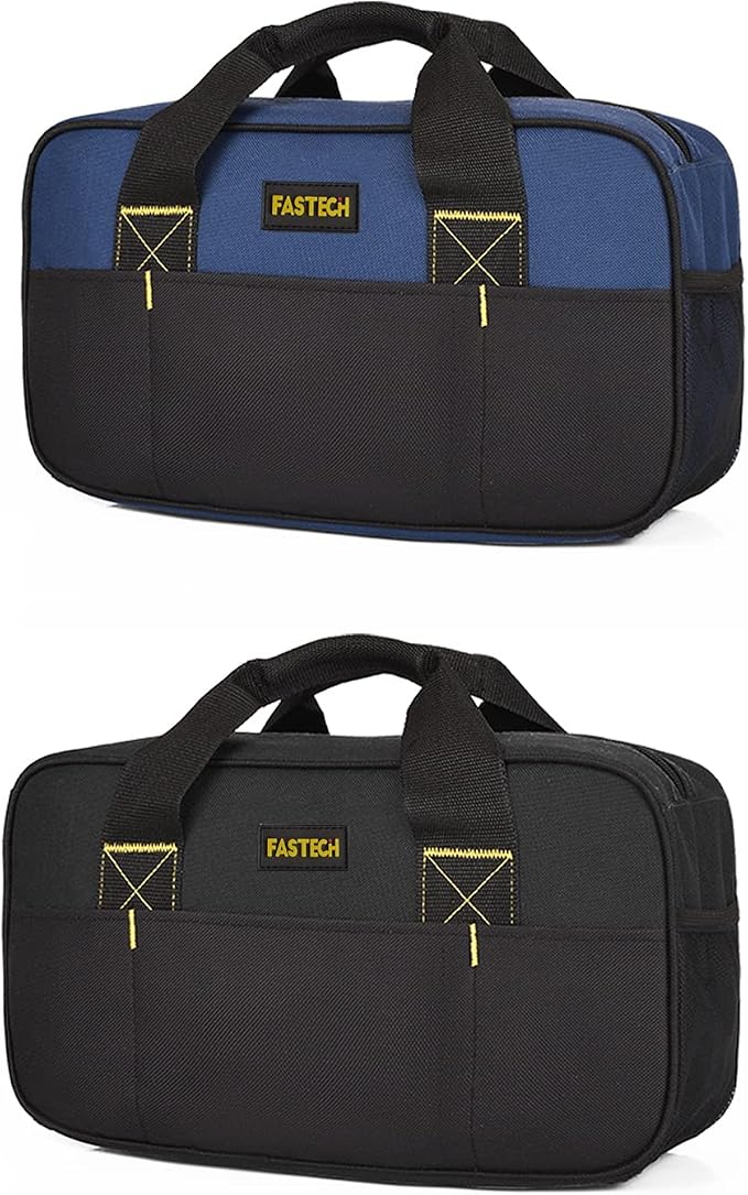 FASTECH 14 Inch Small Tool Bag, Wide Mouth Tool Tote Bag, Waterproof Tool Organizer Bag, Electricians Repairman Tools Tote Bag Double Fabric Storage Bag (Black+Blue)