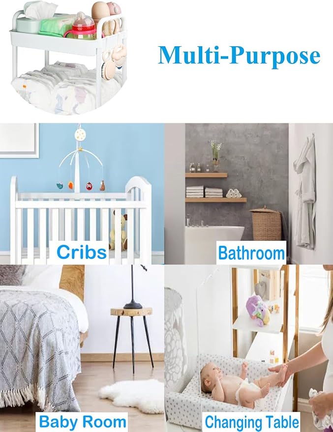 Volnamal Diaper Caddy Cart, 3-Tier Plastic Rolling Cart with Handle, White | Multi-Functional Diaper Organizer for Wipes & Diapers, Newborn Essentials Must Haves, Easy to Assemble, Baby Registry Search