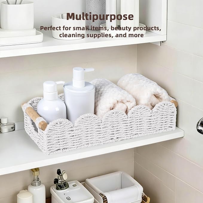 CubesLand Bathroom Basket Organizer, Toilet Tank Basket W/Cut Out Handle | Wicker Toilet Paper Storage Basket Tray, Scalloped Basket for Bathroom Countertop Decorative Also for Home Decor, White