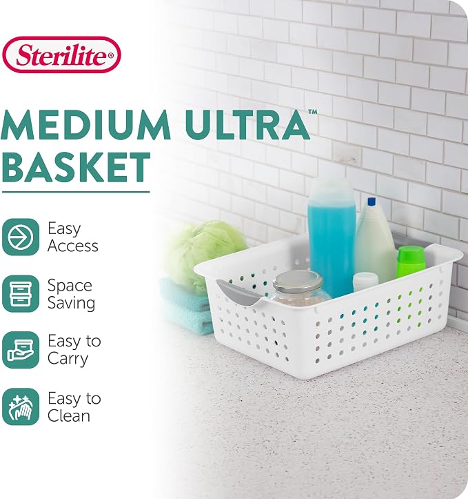 Sterilite Medium Ultra™ Basket, Open Plastic Storage Bin, White, 6 Pack | Classic Storage Organizer Baskets for Countertops, Pantry Shelves, Kitchen Cabinets, Laundry Rooms & Home Offices