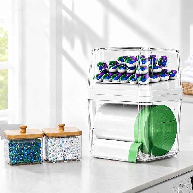 Trash Bag Holder & Dishwasher Pod Dispenser with 2 Bamboo Lid Storage Containers, Clear Acrylic Under Sink Organizer for Garbage Bags, Laundry Detergent Pods & Tabs, Kitchen Pantry Laundry Room
