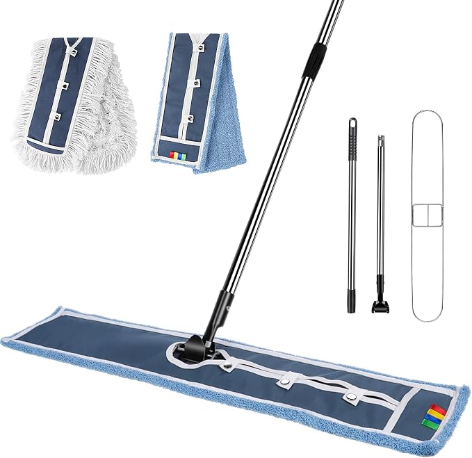 42" Commercial Dust Mop for Floor Cleaning, Heavy Duty Industrial Mop | Large Flat Mop with Long Handle, Push Mop with 2 Different Mops Pads, for Hardwood, Tile, Gym, Office, Mall, Warehouse
