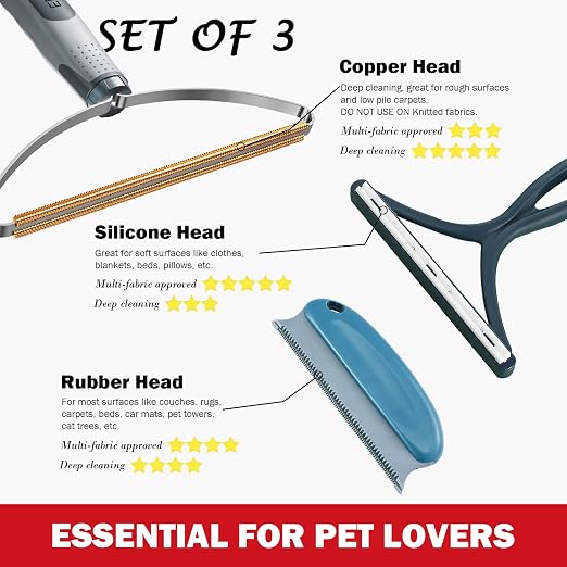 Pet Hair Remover 3-Pack, Reusable Dog & Cat Hair Removal Tools, Lint Shaver | Remove Stubborn Pet Hair, Multi-Fabric Safe, Fur & Lint Cleaner for Couch, Carpets, Cat Trees, Car Mats, Furniture, Pet Bed