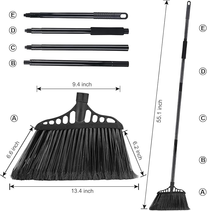 Tiumso Heavy Duty Broom Commercial Indoor/Outdoor Broom 55Inch | with Stiff Bristles for Garage, Patio, Kitchen, Sidewalk, Wood, Tile, Concrete, Home cleaning（black ）