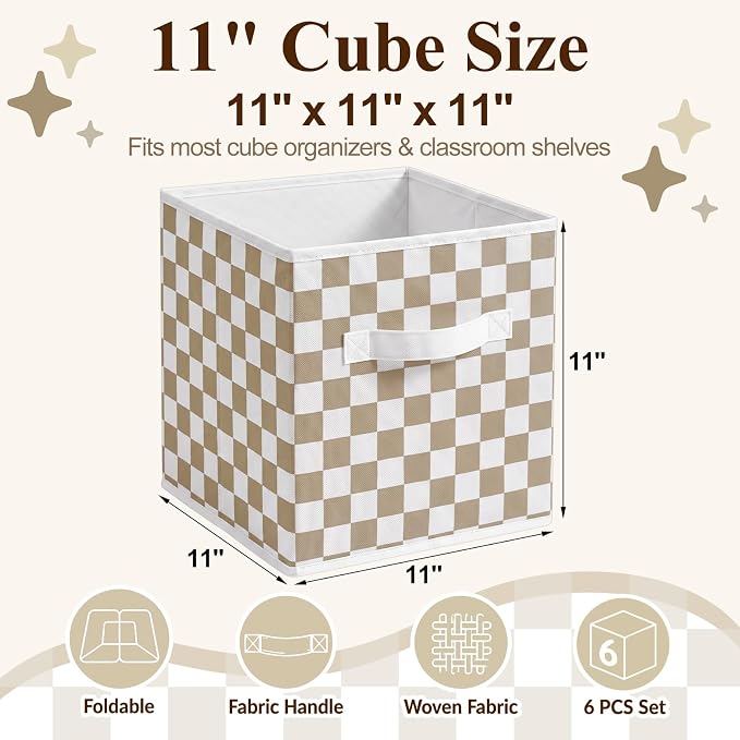 Chunful 6 Pcs 11 Inch Gingham Fabric Storage Cube Bin Woven Foldable Checkered Storage Cube for Classroom Basket Bin Organizer with Handle Decor for Organizing Clothes, Toy, Book