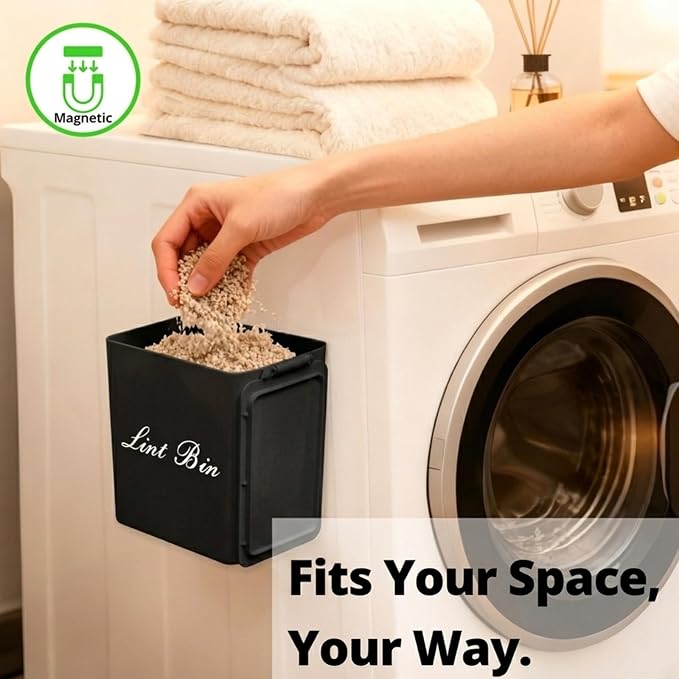 Artilife Magnetic Plastic Black Lint Bin with Lid for Laundry Room, 6 X 5 Inch Compact Wall Mount Lint Holder for Dryer, Small Black ABS Trash Can for Dryer Lint and Sheets
