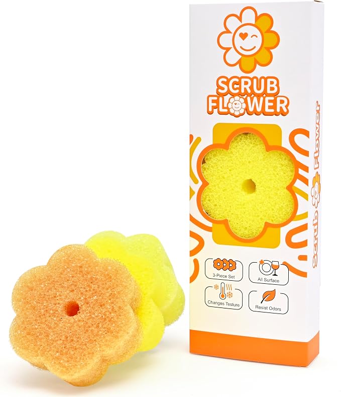 Scrub Flower Temperature Sensitive Sponges, Golden Sunflower | Firm when cold and soft when warm, these odor-resistant scrubbers clean dishes, kitchen surfaces and more.