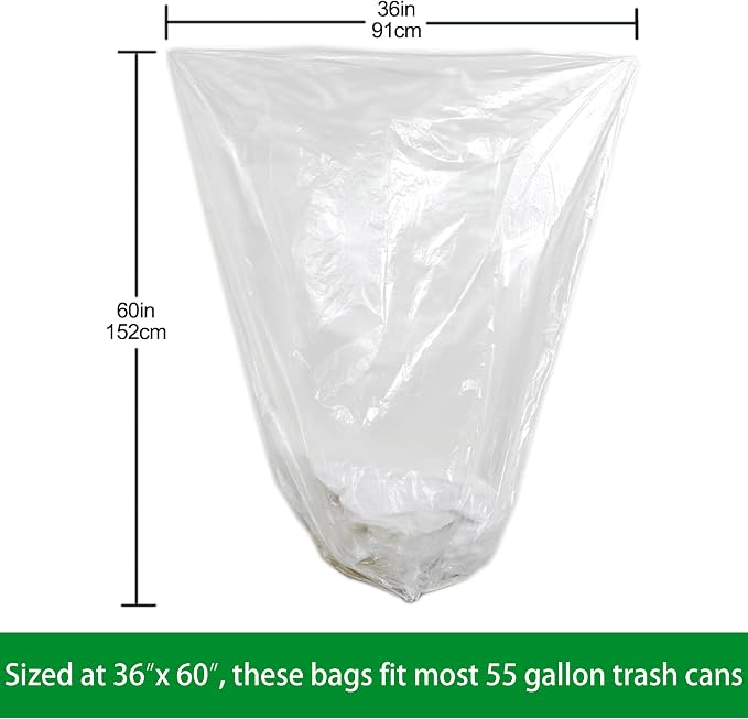 TYPLASTICS 55 Gallon Clear Trash Can Liners - 36" x 60" | High Density Garbage Bags - Case of 200 - Multipurpose for Office, Outdoor, Recycling, Industrial and Commercial