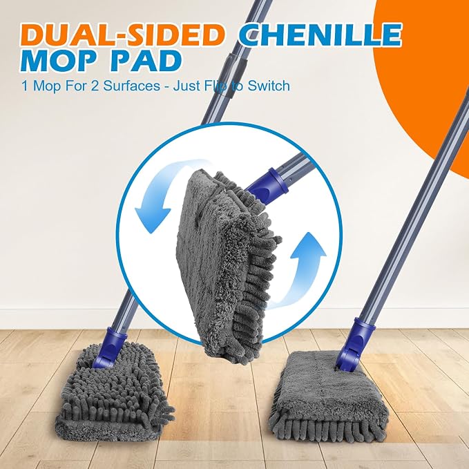 Masthome Flip Microfiber Mop, Wet Dry Dust Mop with Adjustable Handle | 4 Washable Mop Pads,50.4" Long Handle,Hair Scraper,Works on Hardwood,Tile, Laminate Indoor Floors