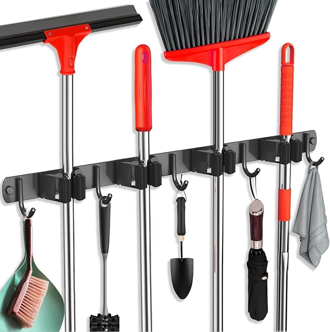 2 Pack Mop and Broom Holder Wall Mount, Upgraded Broom Hanger Wall Mount, Stainless Steel Broom Organizer for Closet Garage Laundry Room Kitchen Wall Decor Black 4R5H