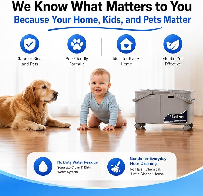 RinseWise Compact Gen 1 Mop Bucket, Clean/Dirty Water Separation, 6 Heads | 1.5 Gal Clean-Water Capacity, 4 Swivel Wheels, 61-Inch Handle, For Apartments, Pet Homes, Hardwood, Laminate & Tile Floors