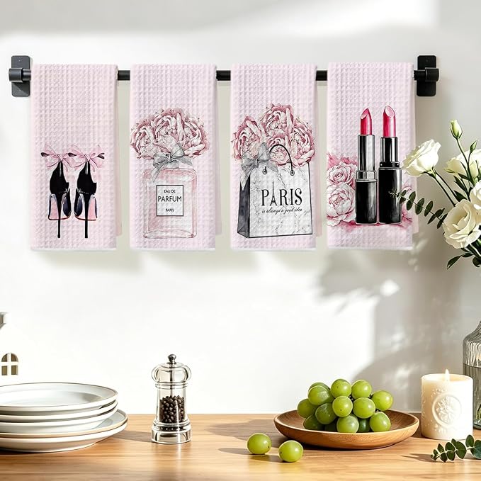 Hanamiya Na 4 Pcs Pink Hand Towels, Perfume Bow Decor Reusable Dish Towels | Fashion Gifts for Women Mom Girls Friend, Waffle Weave Microfiber Towels for Bathroom Home Decor 24x14 Inch