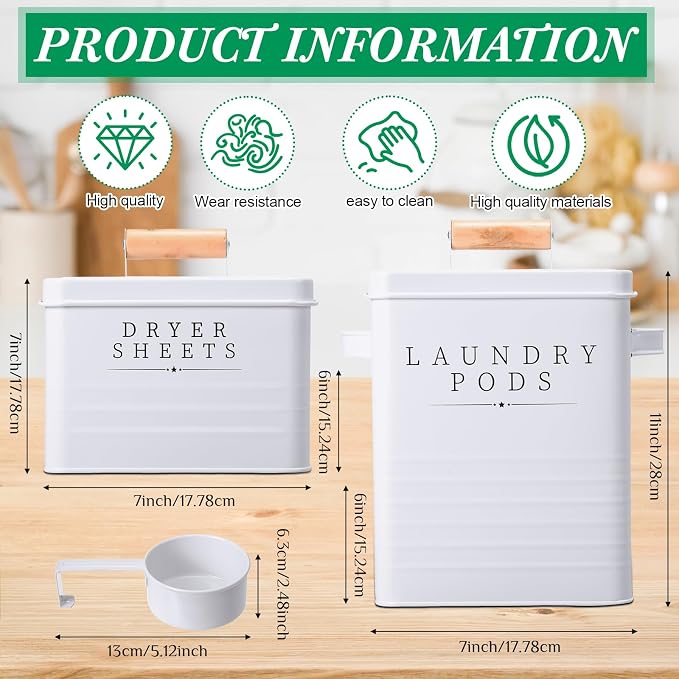 Yaocom 2 Pcs Laundry Pod Container with Dryer Sheet Holder Farmhouse Laundry Room Decor Organization and Storage Detergent Container Box with Lid Handle Metal Dryer Sheet Dispenser(White)