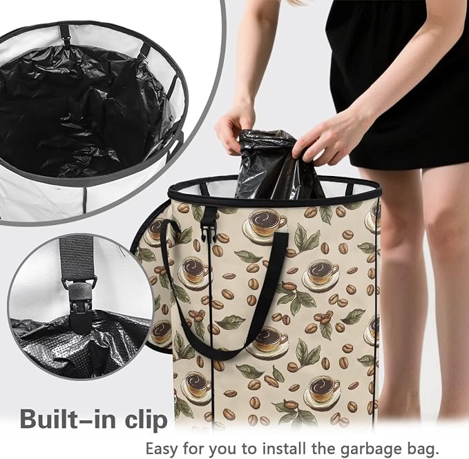 Coffee Cup Collapsible Garbage Can with Lid 24 Gallon Portable Pop Up Trash Can for Camping Waterproof Outdoor Trash Bin Large Capacity Recycling Bag for Car Laundry Parties