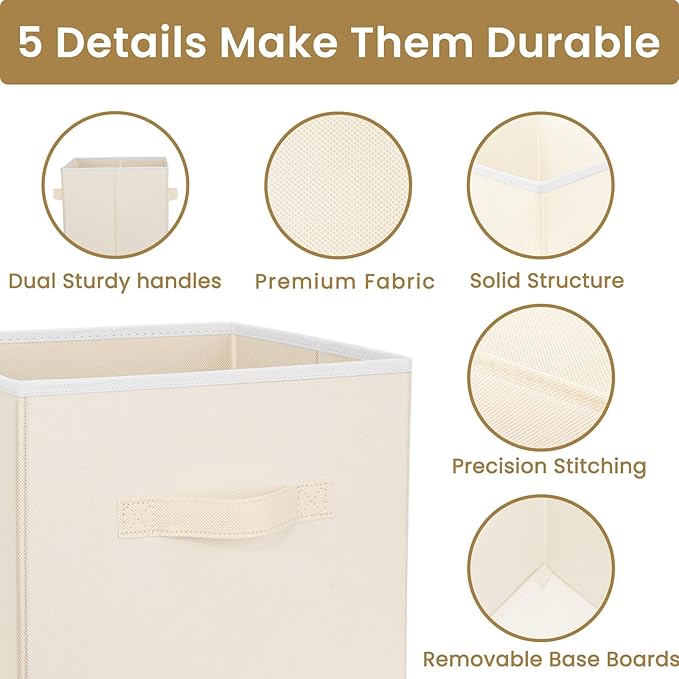 Storage Cubes, 11 Inch Clothes Storage Bins with Dual Handles (10 Pack), Fabric Collapsible Storage Bins for Shelves Closet, Cubby Organizer Bins for Clothing Toys Blanket Magazines (Beige)