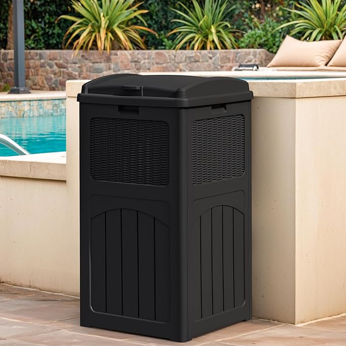 Greesum 33 Gallon Outdoor Trash Can with Lid, Waterproof, Dark Black | Resin Garbage Bin,UV-resistant for Hideaway, Patio, Deck, Light
