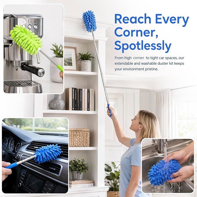 2 Pack Microfiber Duster for Cleaning, Hand Washable Dusters, Extendable Pole, Detachable Cleaning Supplies for Car, Ceiling Fan, Window, Furniture, Office