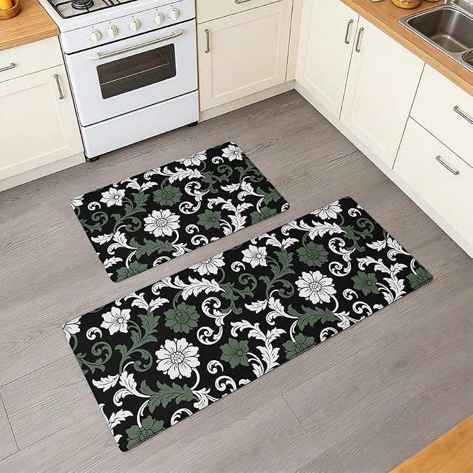Feelyou Boho Kitchen Rugs Sets 2PCS，Floral Kitchen Mats for Floor，Paisley Cushioned Anti Fatigue，Retro Waterproof Non-Slip Rugs for Office Laundry Room Decor Accessories 17.3"x28"+17.3"x47"inch