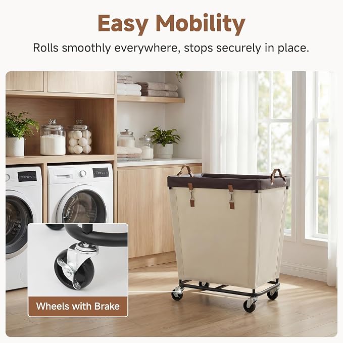 StorageWorks 210L Laundry Basket with Wheels, Rolling Hampers for Clothing | Large Beige Laundry Basket with Wheels & Handles, Rolling Cart for Bedroom, Bathroom, Dorm, Hotel