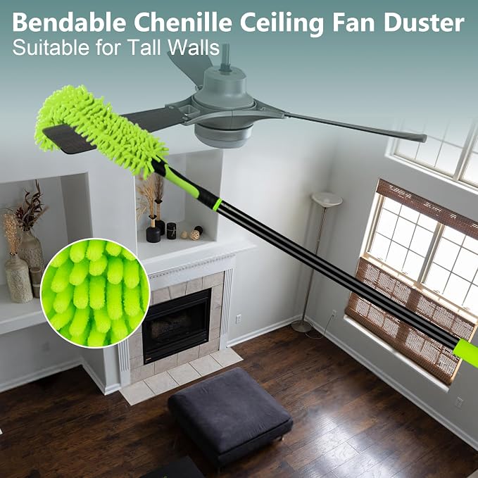 CALBEAU 8 Ft Microfiber Duster with Extension Pole (14 PCS) | 4 Heads for Fan Blade, High Window, Cobweb, Furniture; Safe high-reach cleaning, reaches 15 ft; Dusters for Cleaning