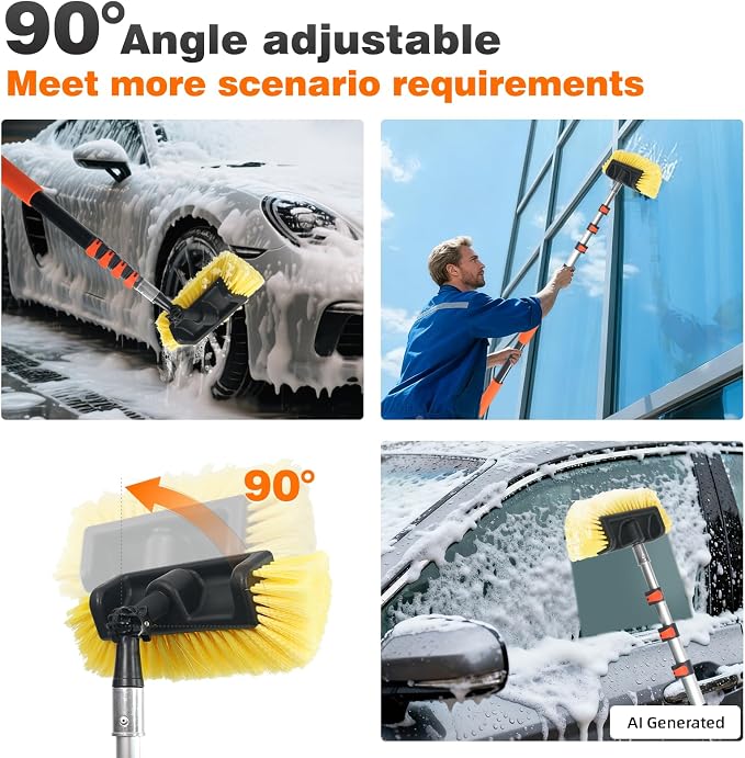 12FT Car Wash Brush with Long Handle, Car Cleaning Brush with 12" Soft Bristle and 12" Hard Bristle, 3-12Ft Telescopic Pole for Scratch-Free Cleaning Truck,RV, Boats,House Siding,Floors,Solar Panels