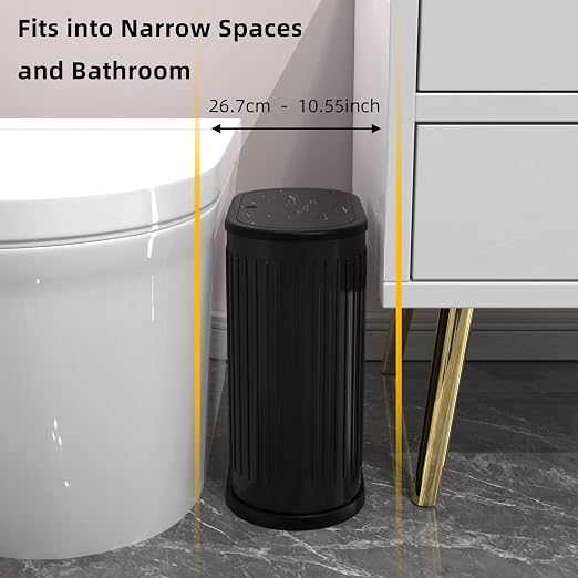 KSSKSS 1.8 Gallons Small Stainless Steel Trash Can with Press Type Lid, Slim Bathroom Garbage Bin, Removable Liner Bucket, Dog Proof Narrow Wastebasket with Pop-Up Lid for Bedroom,Toilet (Matt Black)