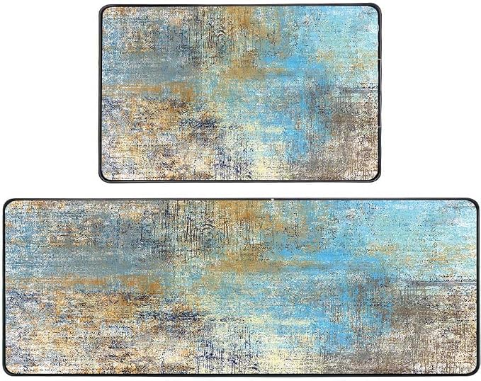 TOMWISH Kitchen Rugs Brown and Blue Set of 2 Floor Comfort Mats Non Slip | Washable Kitchen Sink Area Rug Farmhouse Kitchen Floor Mats for in Front of Sink Kitchen Décor Laundry 18"X48"+18"X30"