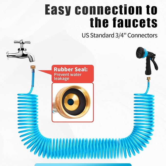 AUTOMAN Recoil Garden Hose 50 ft, EVA Curly Water Hose with Brass Connectors, Coil Garden Water Hose,Includes 7-Pattern Function Sprayer,Retractable,Corrosion Resistant Garden Coil Hose