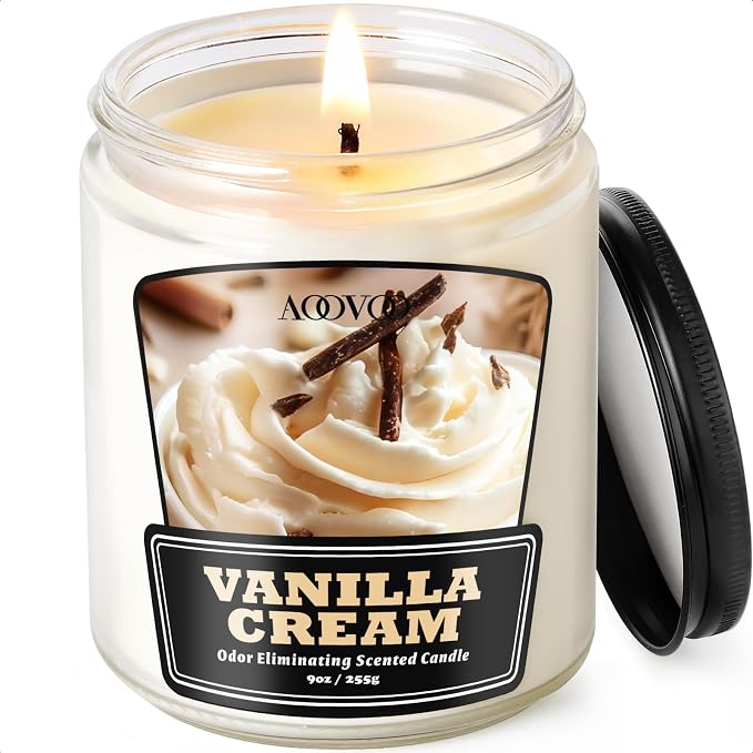 AOOVOO Vanilla Cream Odor Eliminating Candle - 9 oz Non Toxic Soy Candle | Eliminates 95% of Smoke, Food, Pet and Other Smells Quickly, Up to 50 Hours Burn time, Highly Fragranced Air Freshing Candle